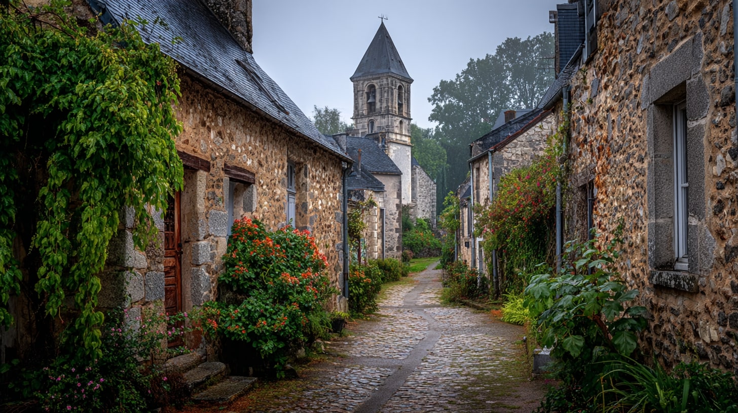 Village du Longeron aux vieilles pierres et toits d’ardoises en Maine-et-Loire